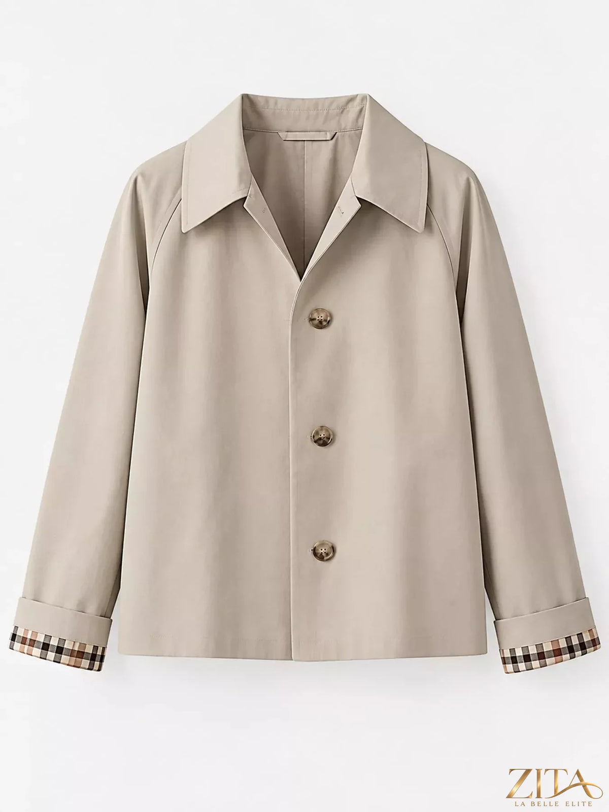 Zita La Belle Elite plaid cuffs cropped trench coat with button details and stylish outerwear design.
