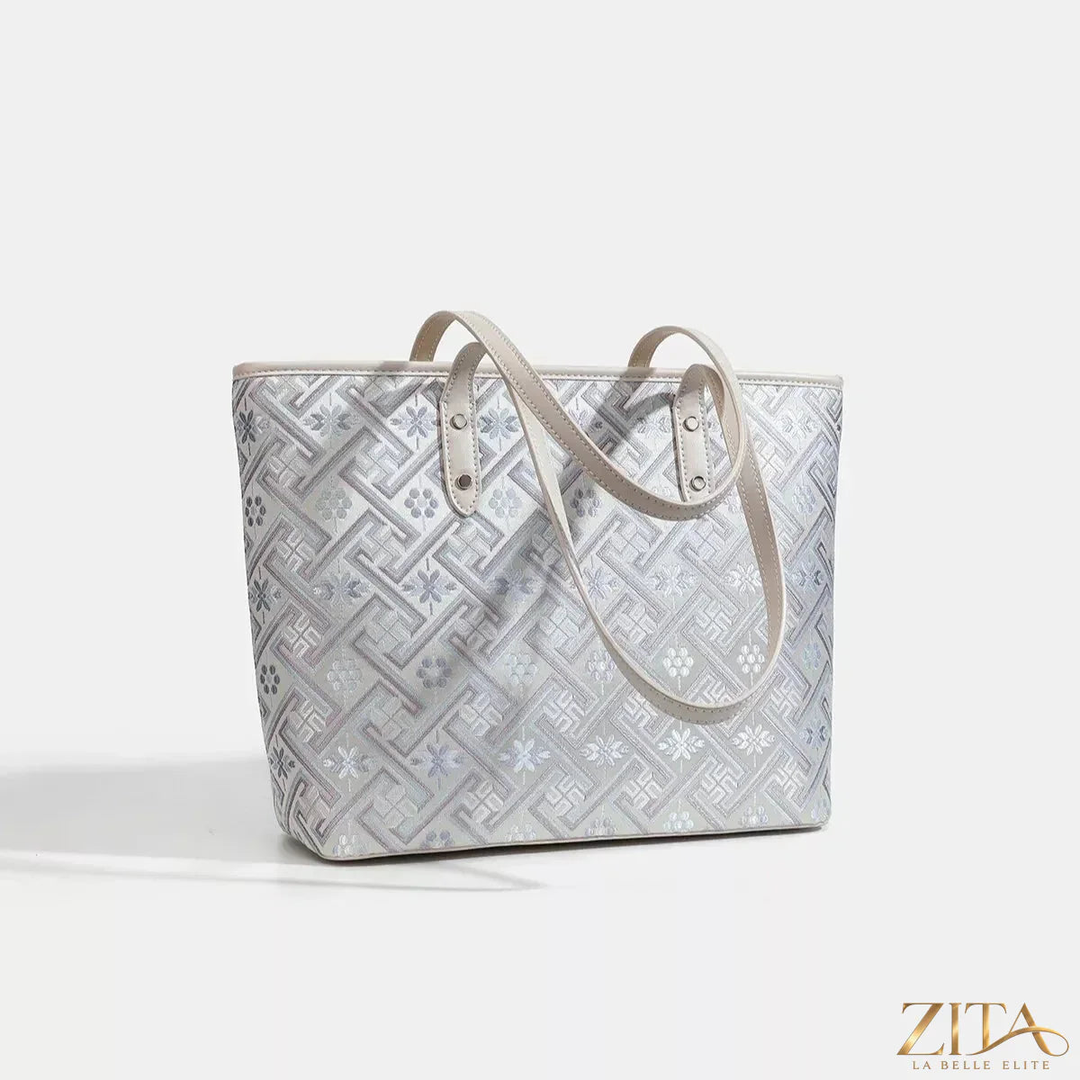 Zita La Belle Elite geometric pattern tote bag with black and white design, large fabric bag with sturdy handles.