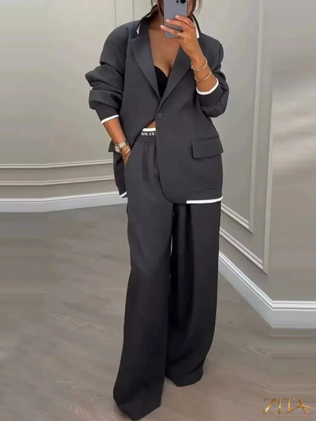 Plus size Zita La Belle Elite blazer and wide-leg pants set, featuring a single-button blazer and matching wide-leg trousers.