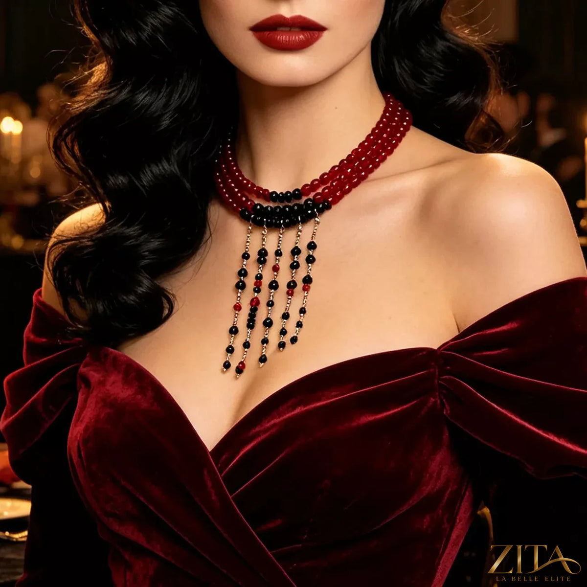 Gothic multi-layered beaded necklace with black and silver beads, stylish layered jewelry from Trendsi.