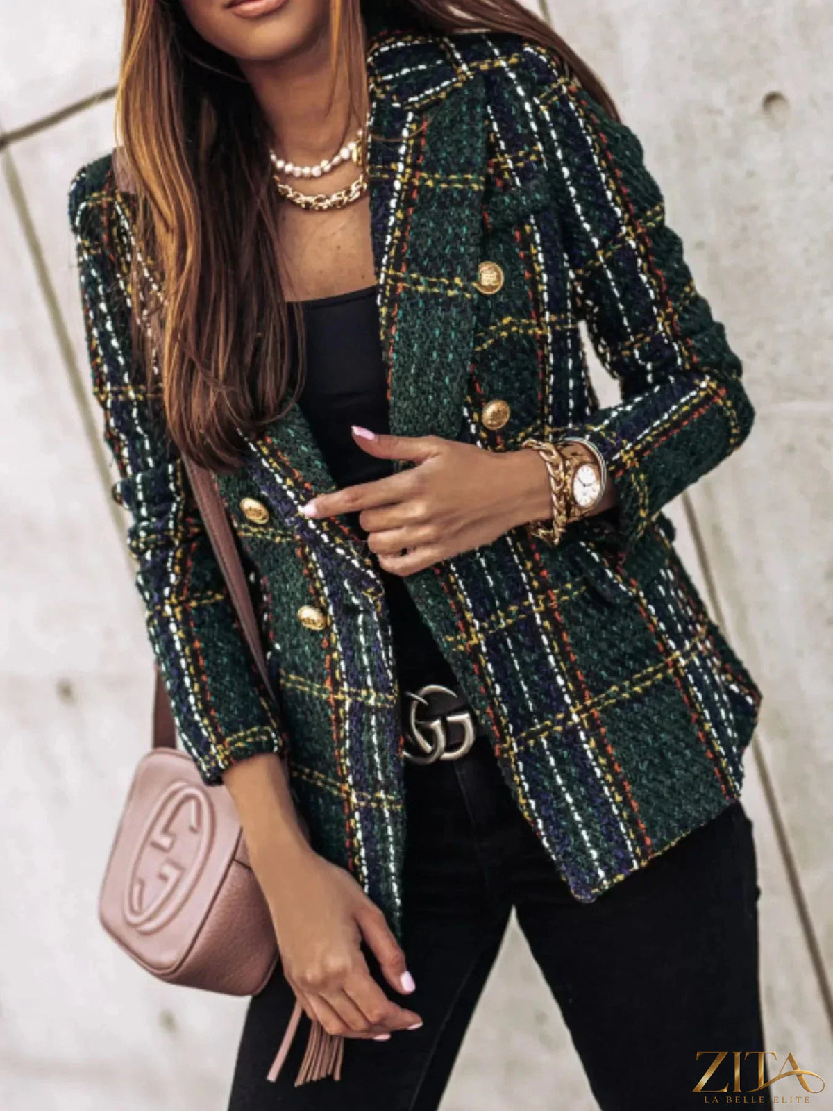 Plus size plaid tweed double-breasted blazer by Zita La Belle Elite, showing a full-size tailored blazer with classic pattern and buttons.