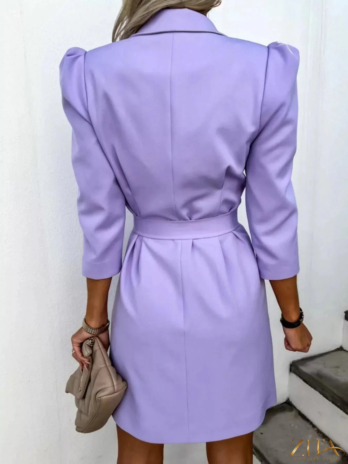 Zita La Belle Elite 3/4 sleeve belted blazer dress in black, featuring a tailored fit and stylish lapel collar.
