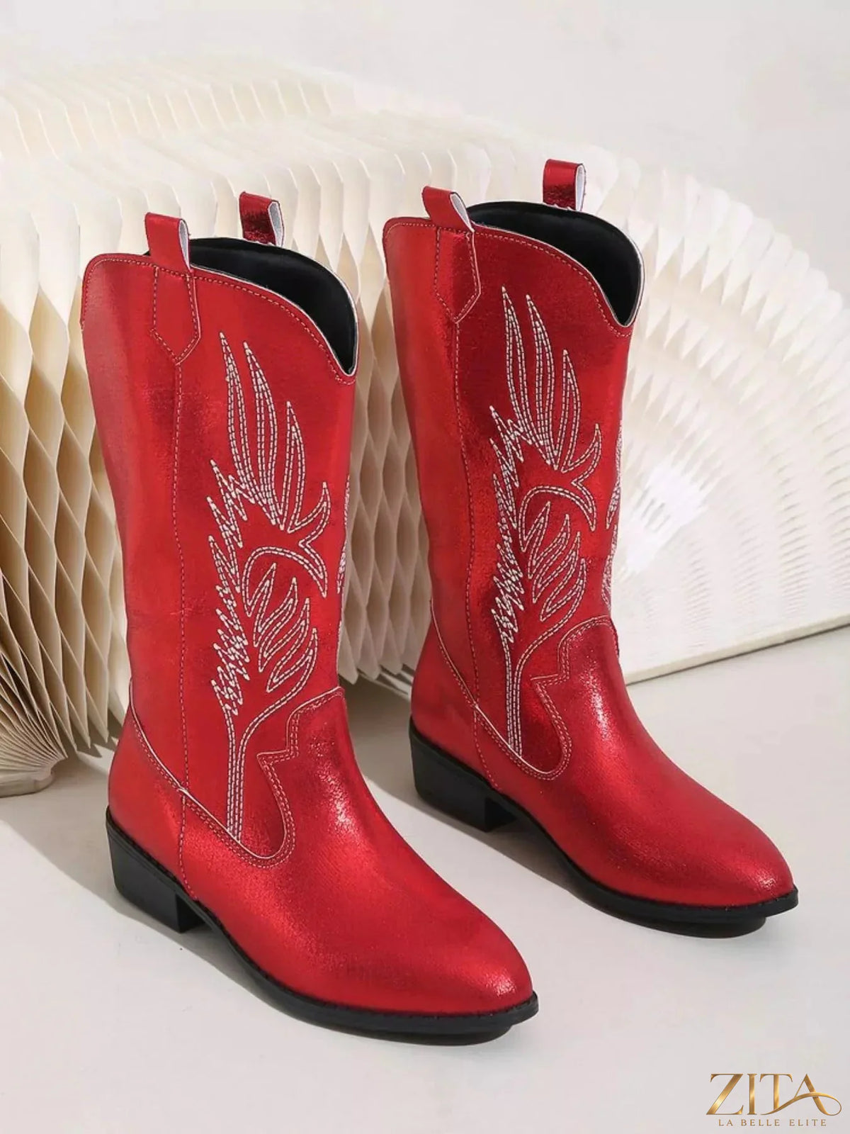 Zita La Belle Elite embroidered block heel boots with intricate floral embroidery and sturdy high heels.
