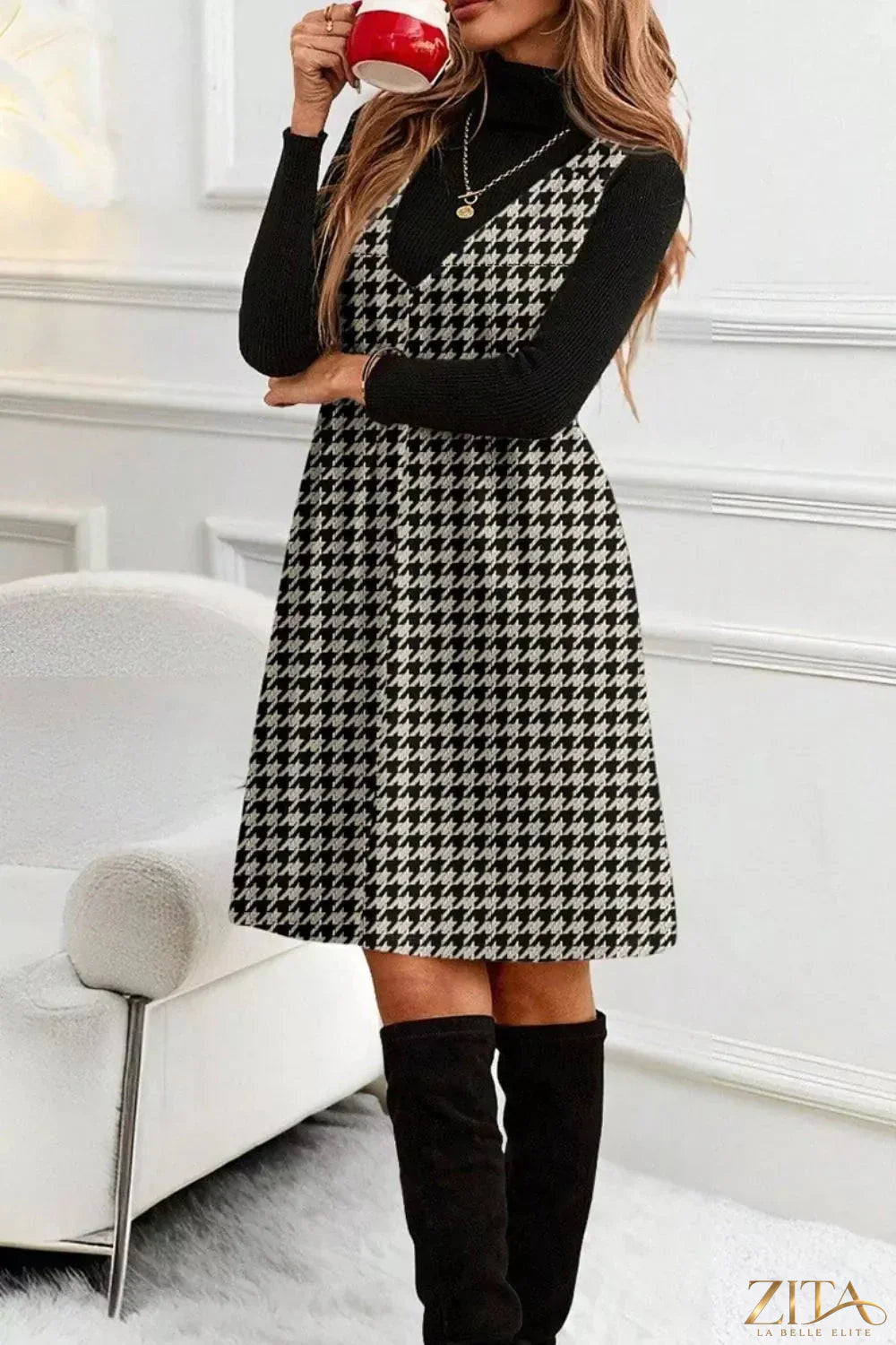 Houndstooth V-neck sleeveless mini dress by Trendsi featuring a fitted silhouette and classic pattern on lightweight fabric.