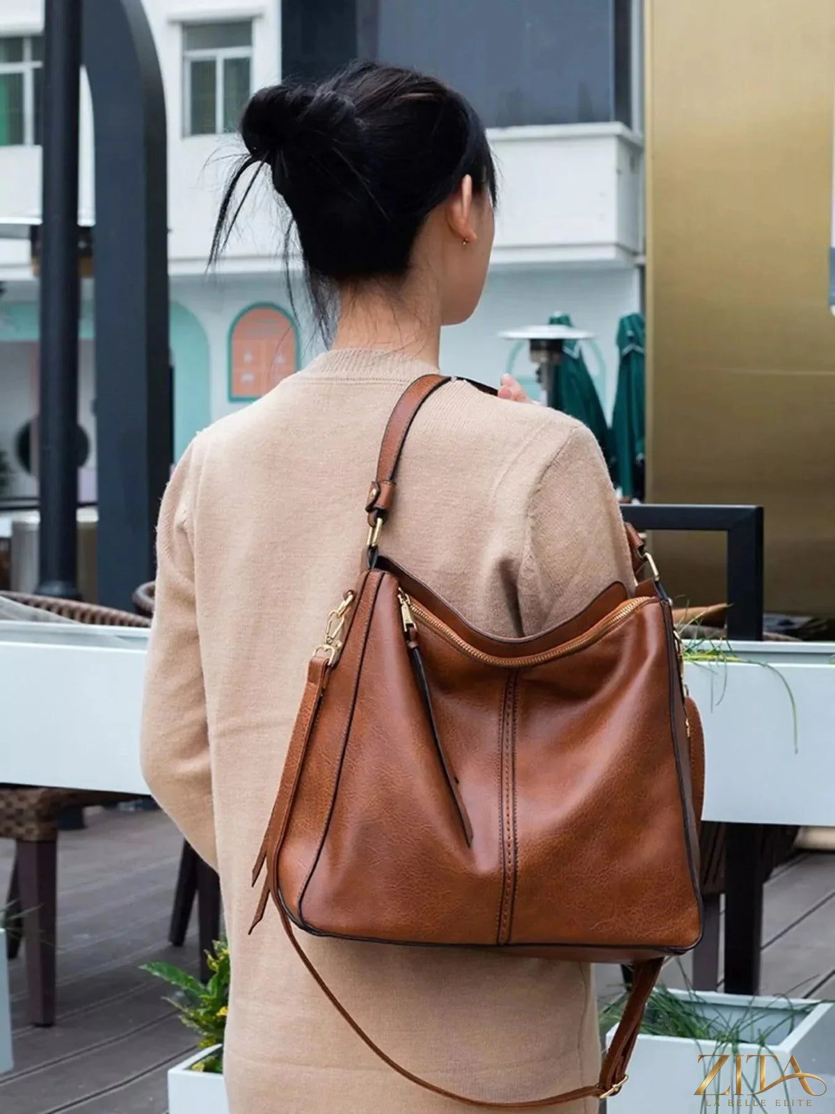 Zita La Belle Elite classic PU leather tote bag with double handles and spacious interior, stylish accessory for daily use.