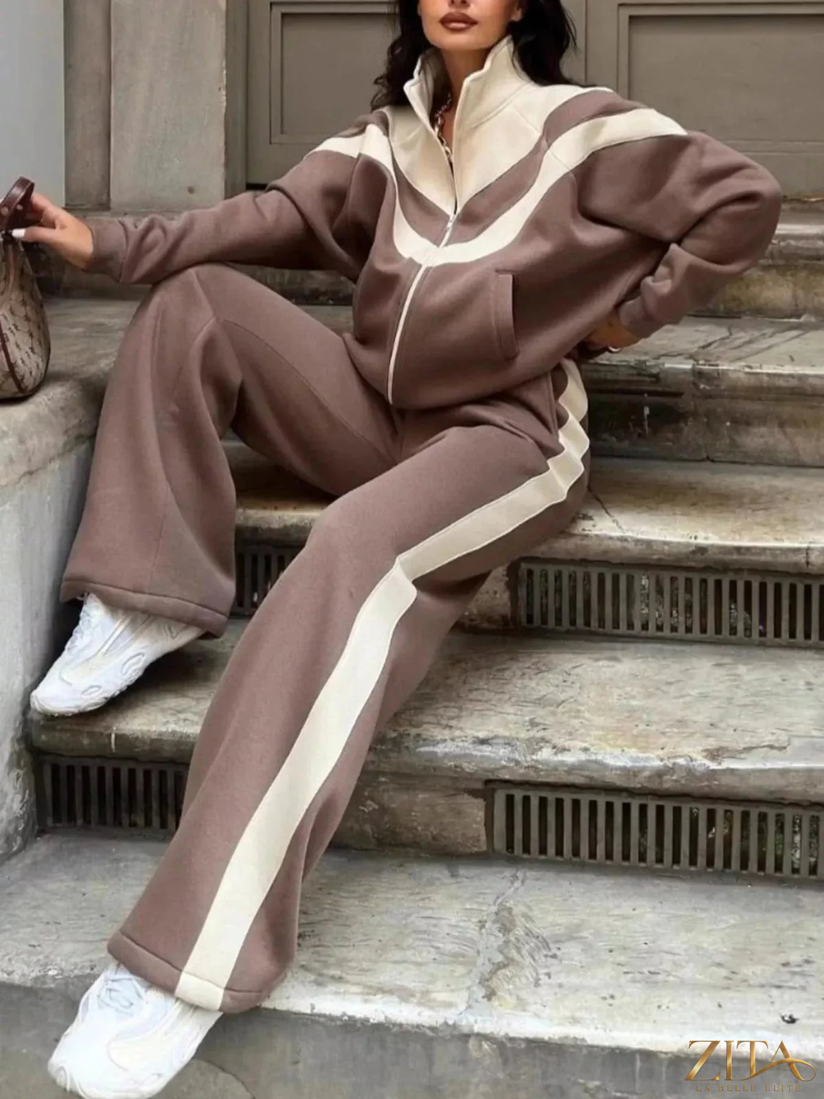 Zita La Belle Elite color block zip-up outerwear and matching pants set, featuring vibrant color blocks and a sporty design.