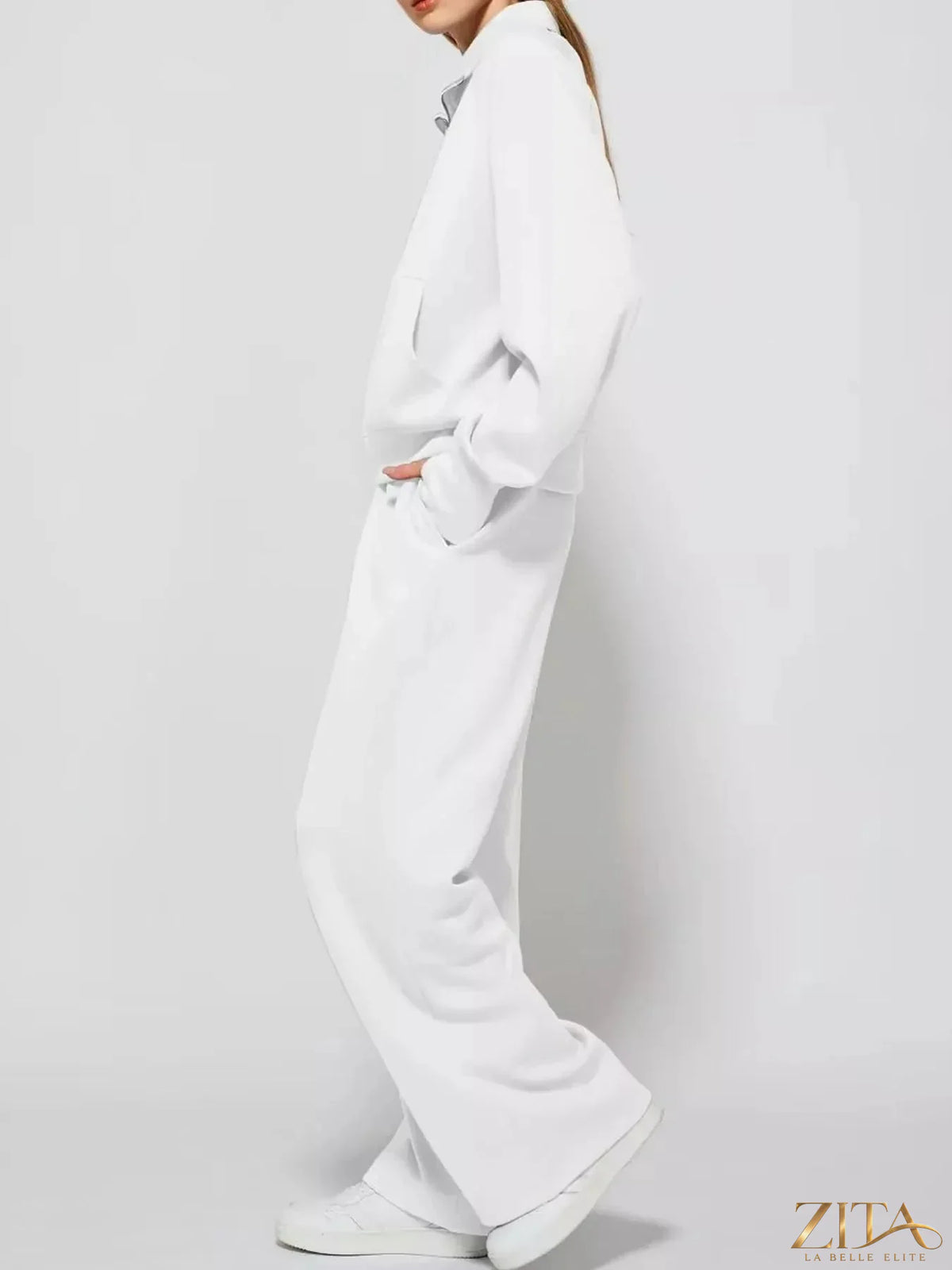 Zita La Belle Elite half-zip sweatshirt with matching wide-leg pants set, in soft fabric, styled for casual comfort.