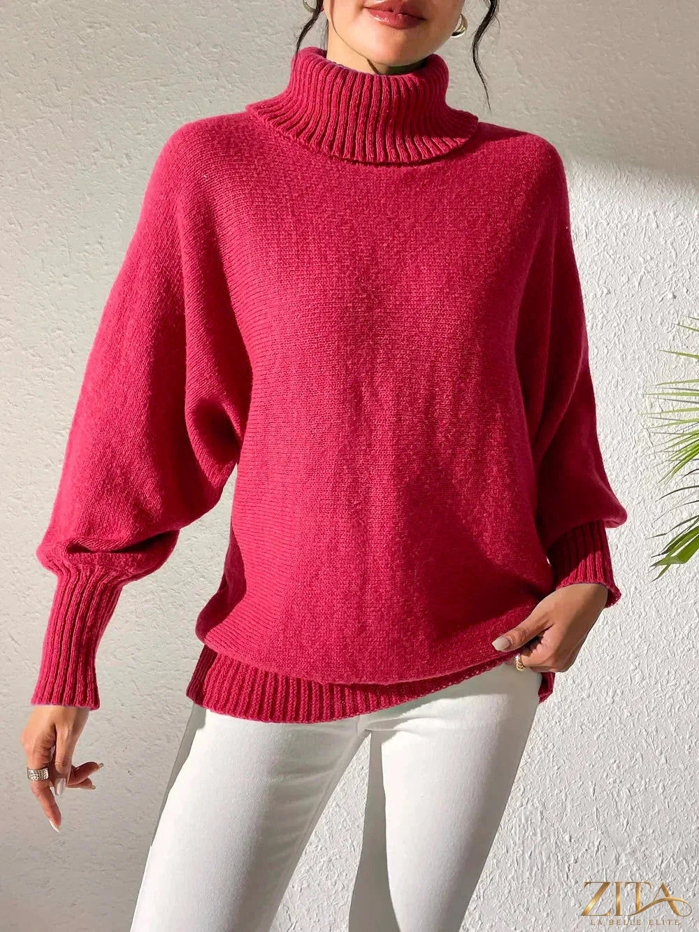 Zita La Belle Elite long sleeve turtleneck sweater in a cozy knit fabric, shown in a close-up of the neck and shoulder area.