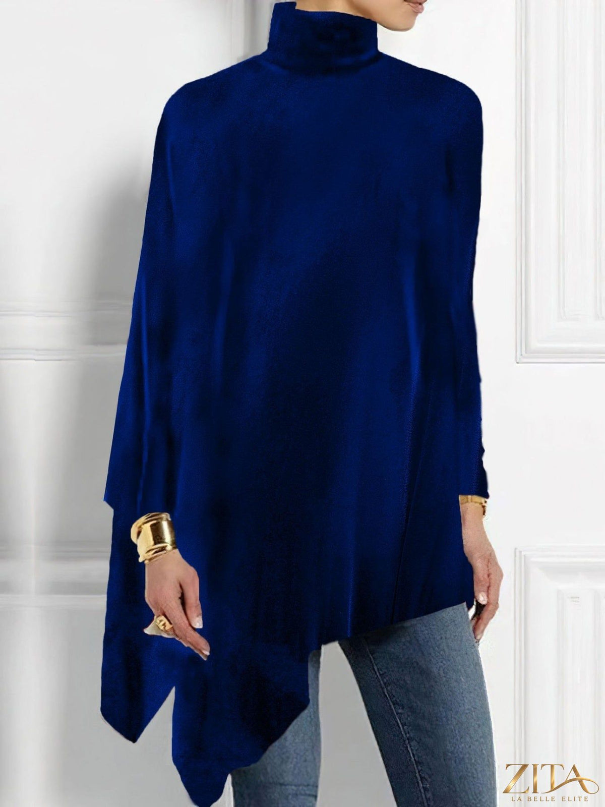 Elegant Trendsi turtleneck asymmetric hem top, showcasing a stylish fitted design with a unique hem detail and long sleeves.