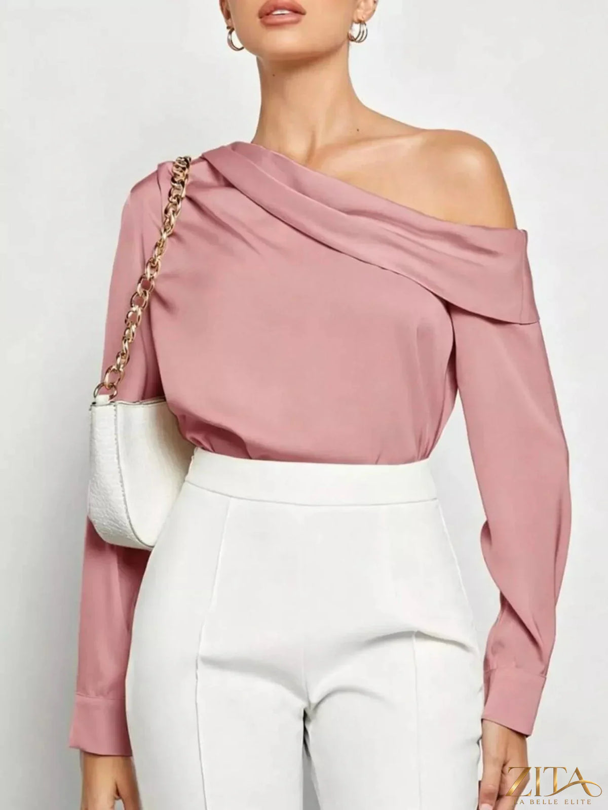 Zita La Belle Elite one-shoulder satin blouse in elegant fabric, showcasing a stylish asymmetric design and smooth texture.