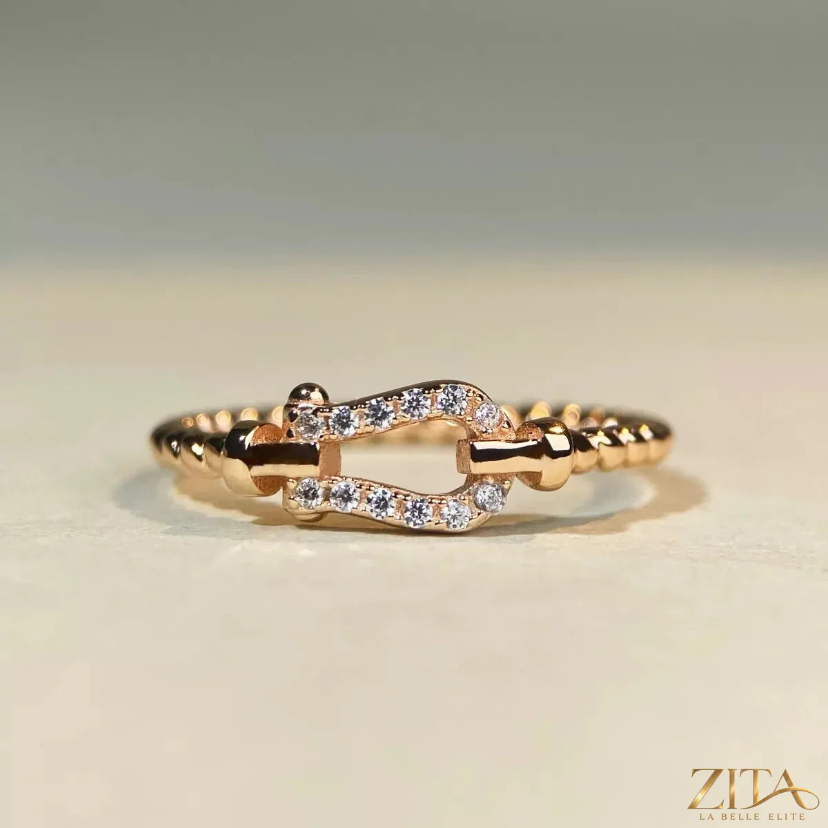 925 Sterling Silver Zircon Horseshoe Shaped Ring by Zita La Belle Elite, featuring a sparkling zircon gemstone and a horseshoe design.
