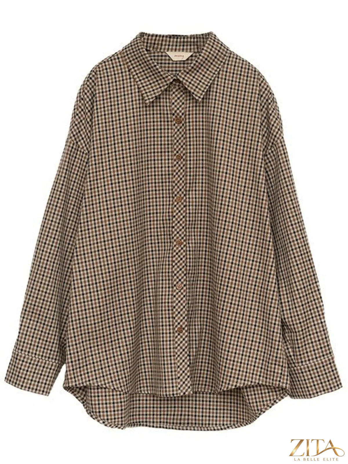 Zita La Belle Elite plaid button-down shirt with red, black, and white checks, shown hanging on a wooden hanger.
