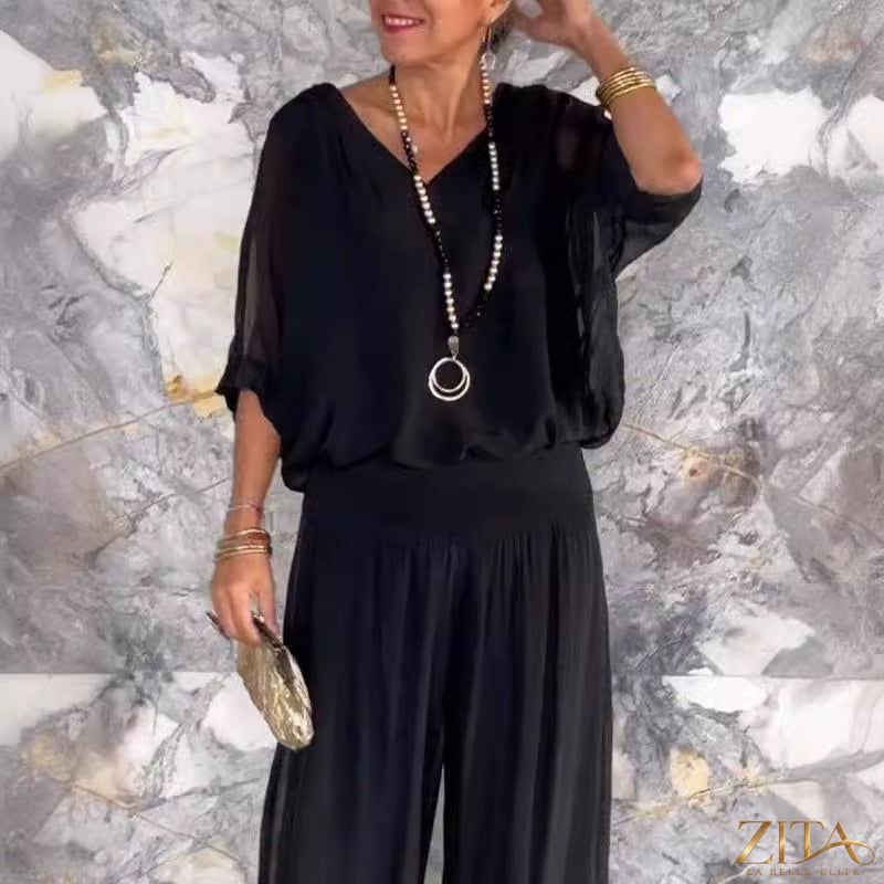 Zita La Belle Elite solid-color chiffon two-piece casualwear set in various colors, featuring a relaxed fit and lightweight fabric.