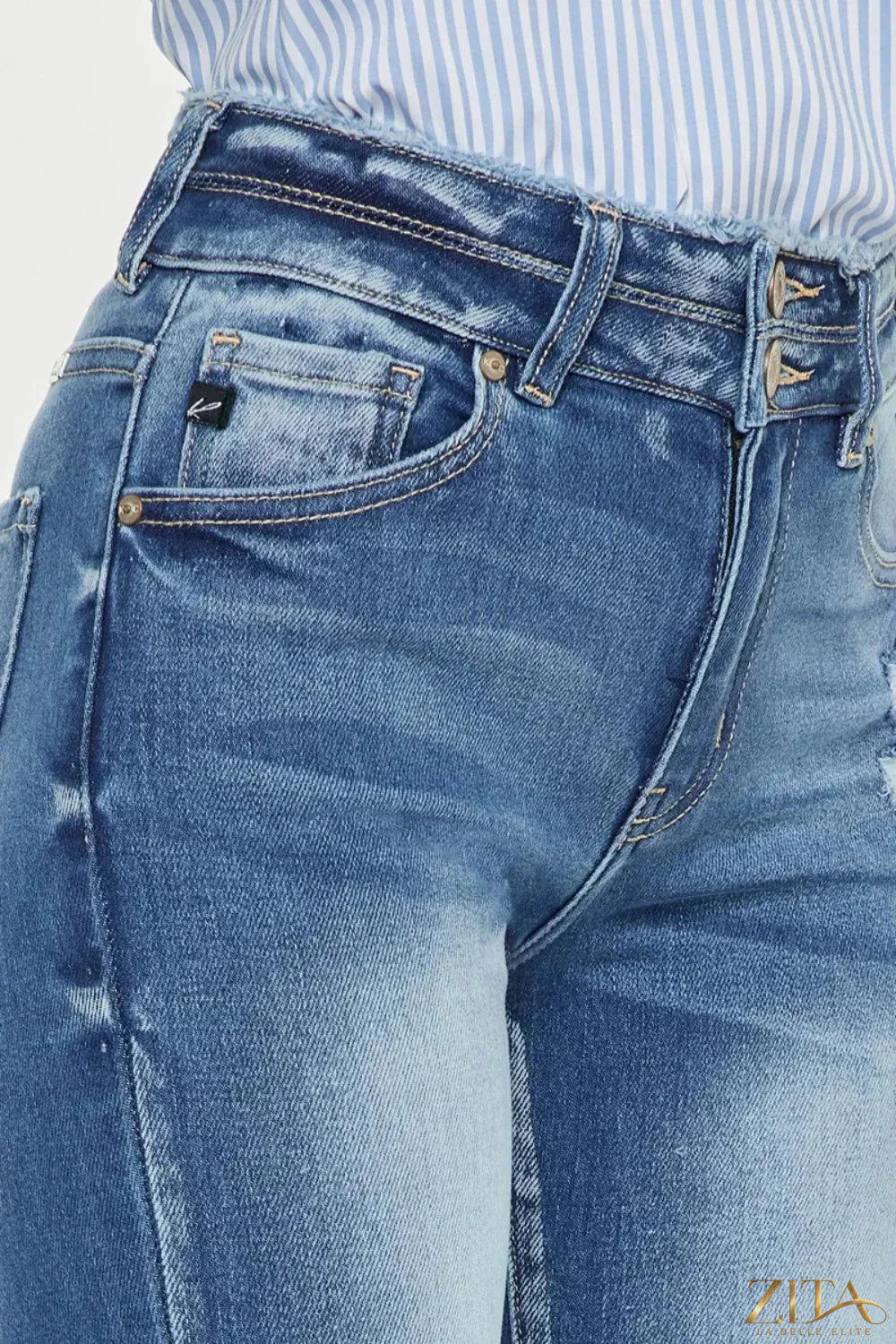 Zita La Belle Elite Kancan distressed raw hem high waist jeans, showing the light wash denim with ripped details and raw hem at the ankle.
