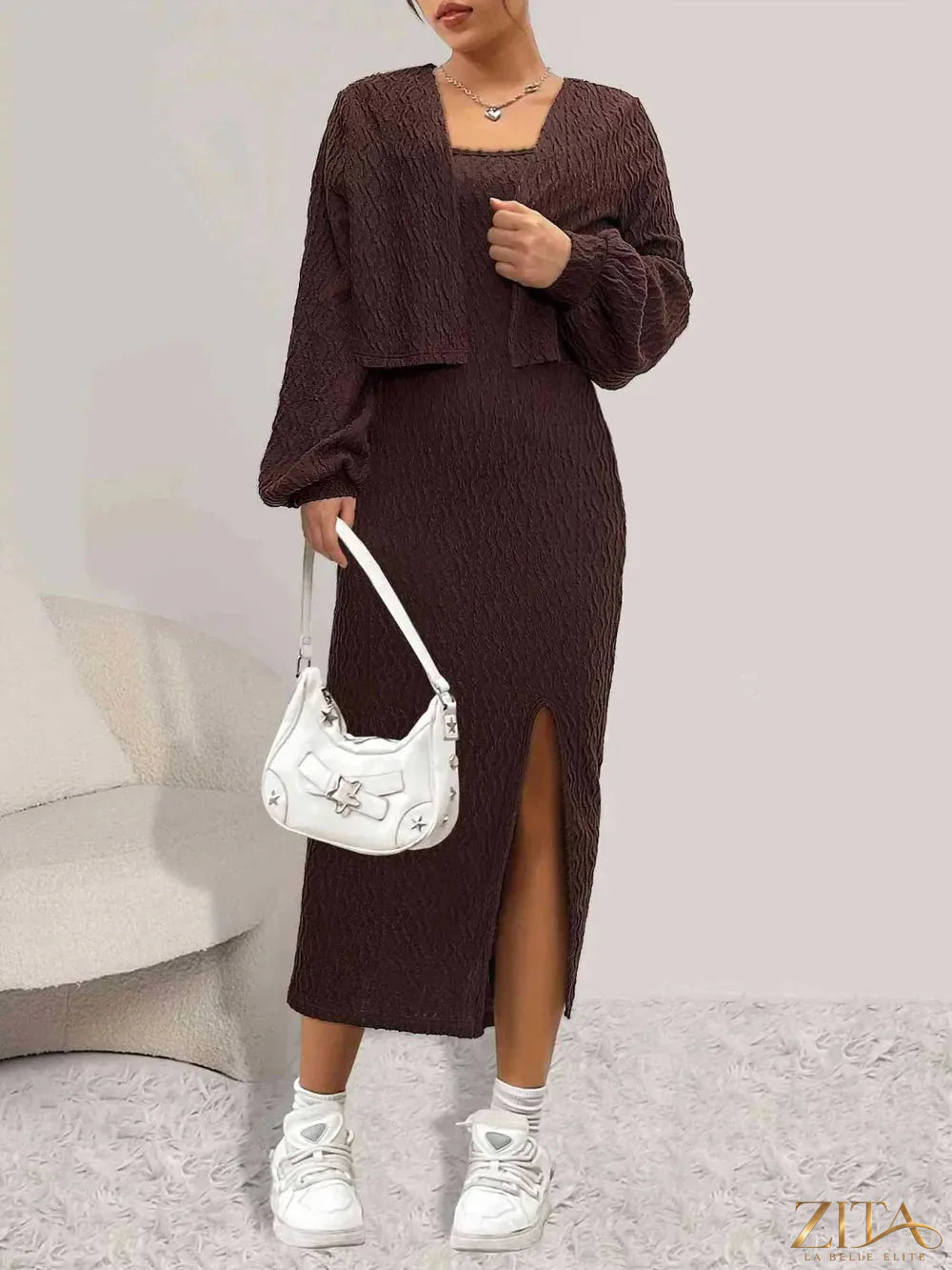 Zita La Belle Elite open front long sleeve cardigan and side slit cami dress set, stylish layered outfit with soft fabric and elegant design