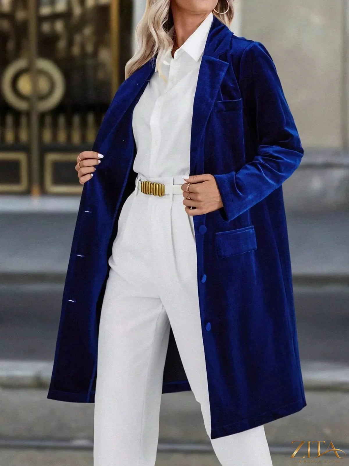 Zita La Belle Elite longline coat with lapel collar, long sleeves, and a stylish, tailored design in a sleek fabric.