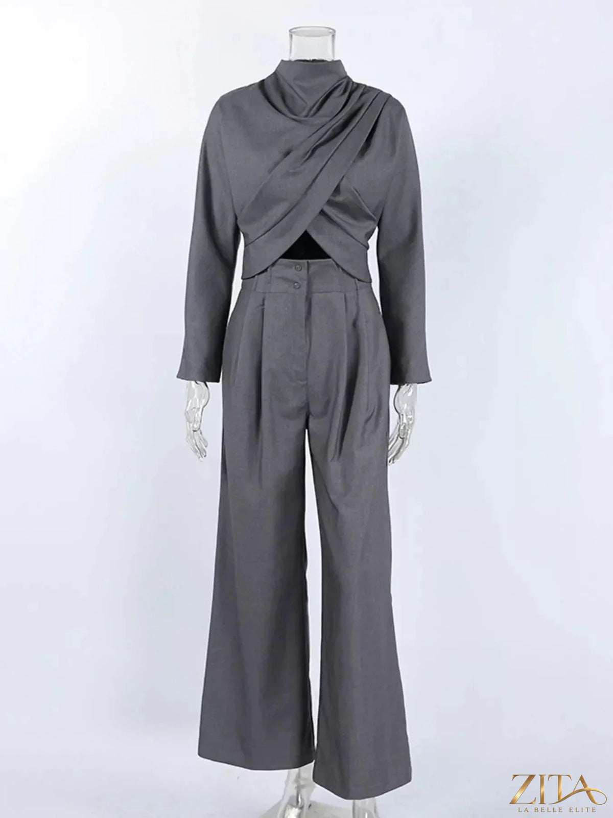 Zita La Belle Elite draped crop top and wide-leg pants set, stylish fashion ensemble, in neutral fabric with flowing silhouette.