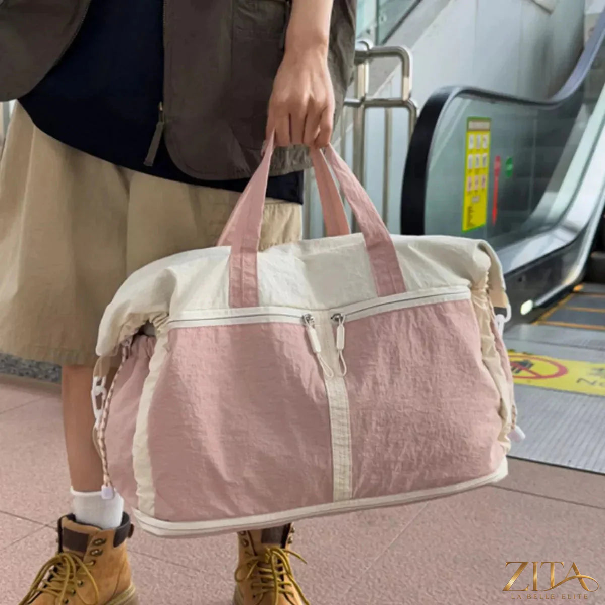 Color block travel bag by Zita La Belle Elite showing vibrant multi-colored compartments and sturdy handles.