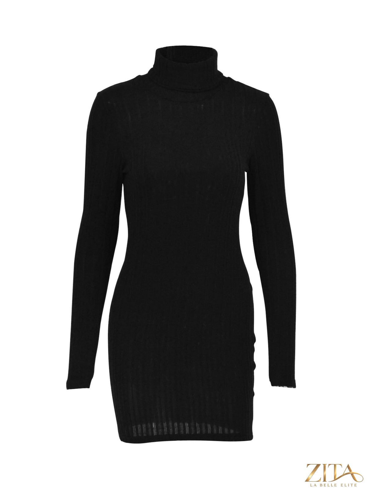 Ribbed black turtleneck bodycon mini dress by Trendsi, close-up of fitted fabric and turtleneck collar on mannequin.