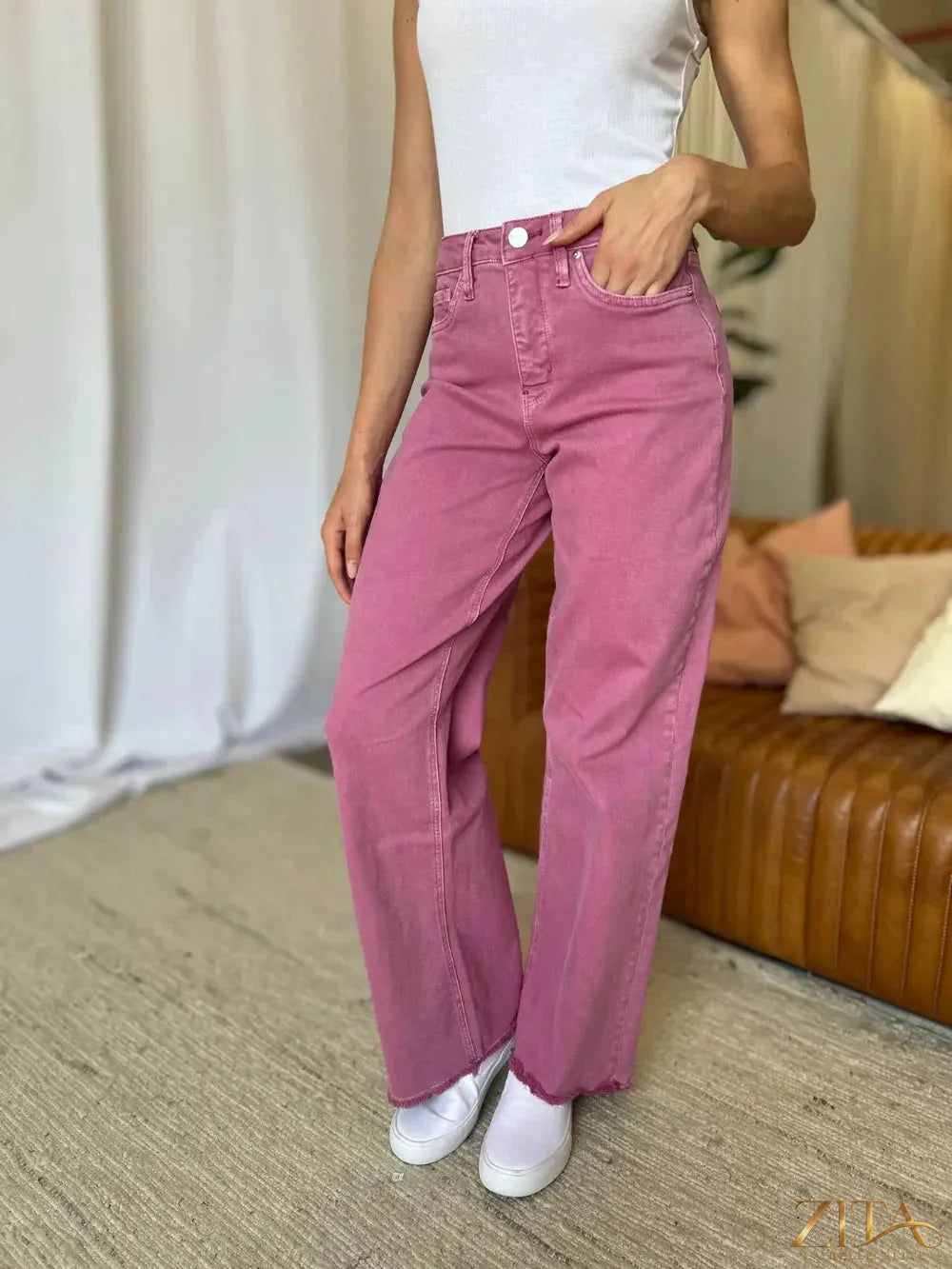 Zita La Belle Elite RFM high-rise wide leg jeans with garment dye finish, full size, stylish and comfortable denim pants.