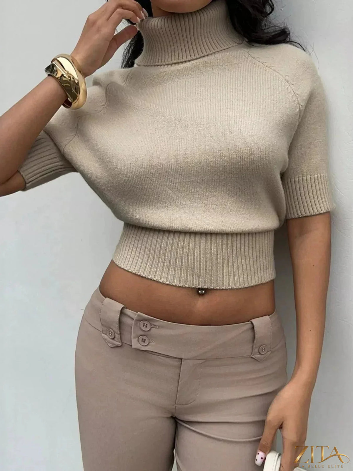 Trendsi turtleneck short-sleeve cropped sweater in soft knit fabric, stylish fall fashion top with fitted silhouette.