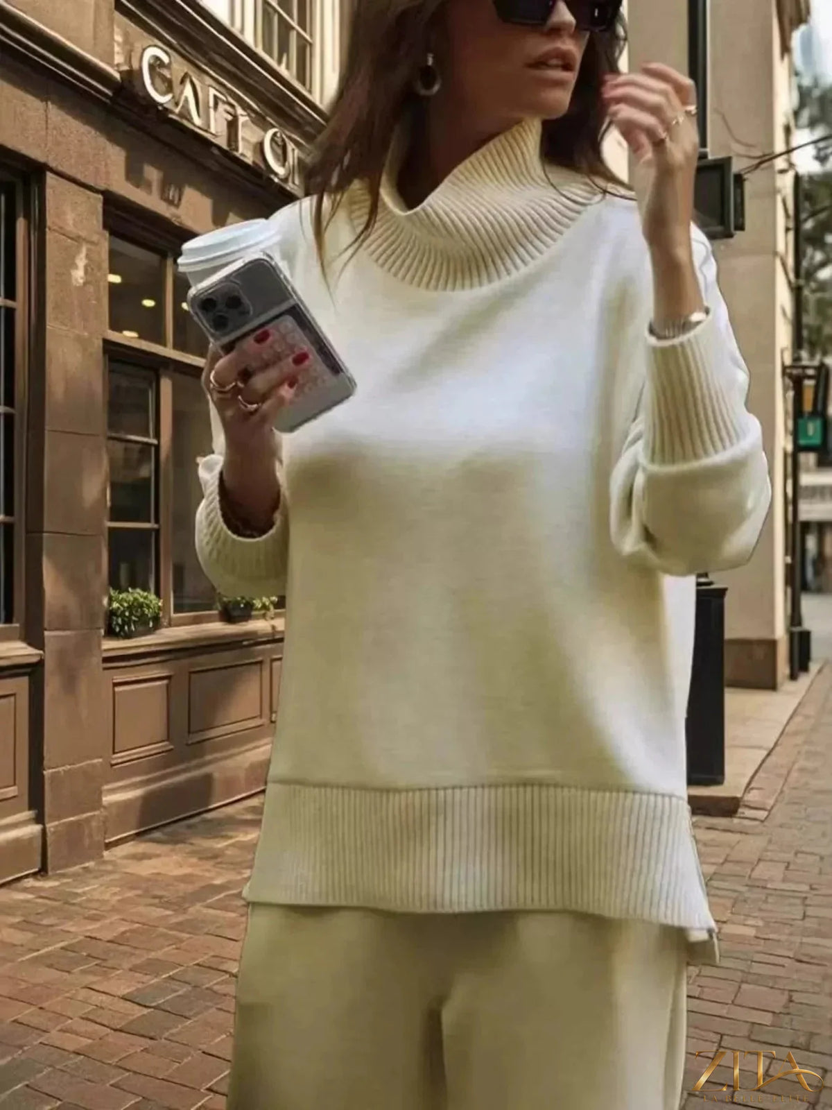 Zita La Belle Elite turtleneck dropped shoulder top and matching pants set, stylish and comfortable clothing ensemble.