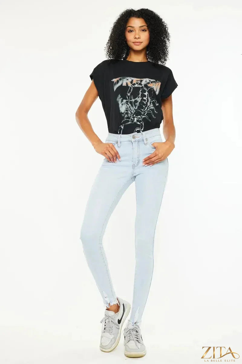 Zita La Belle Elite Kancan high-rise super skinny jeans in dark denim, close-up of fitted style with front pockets and belt loops.