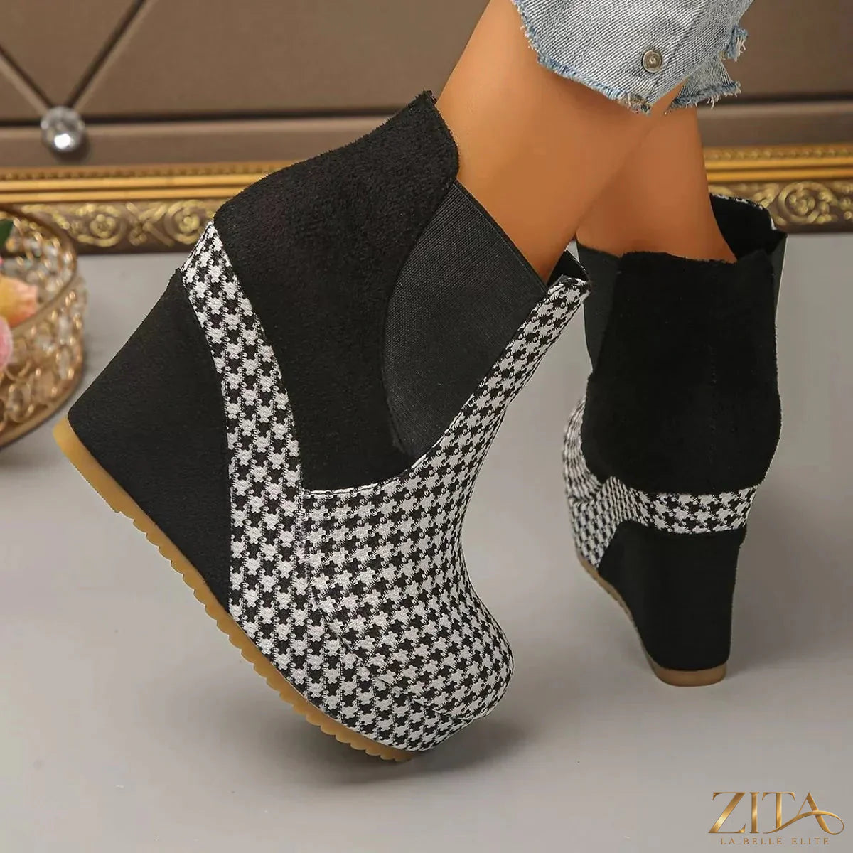 Zita La Belle Elite houndstooth pattern wedge ankle boots with stylish design and lace-up detail.