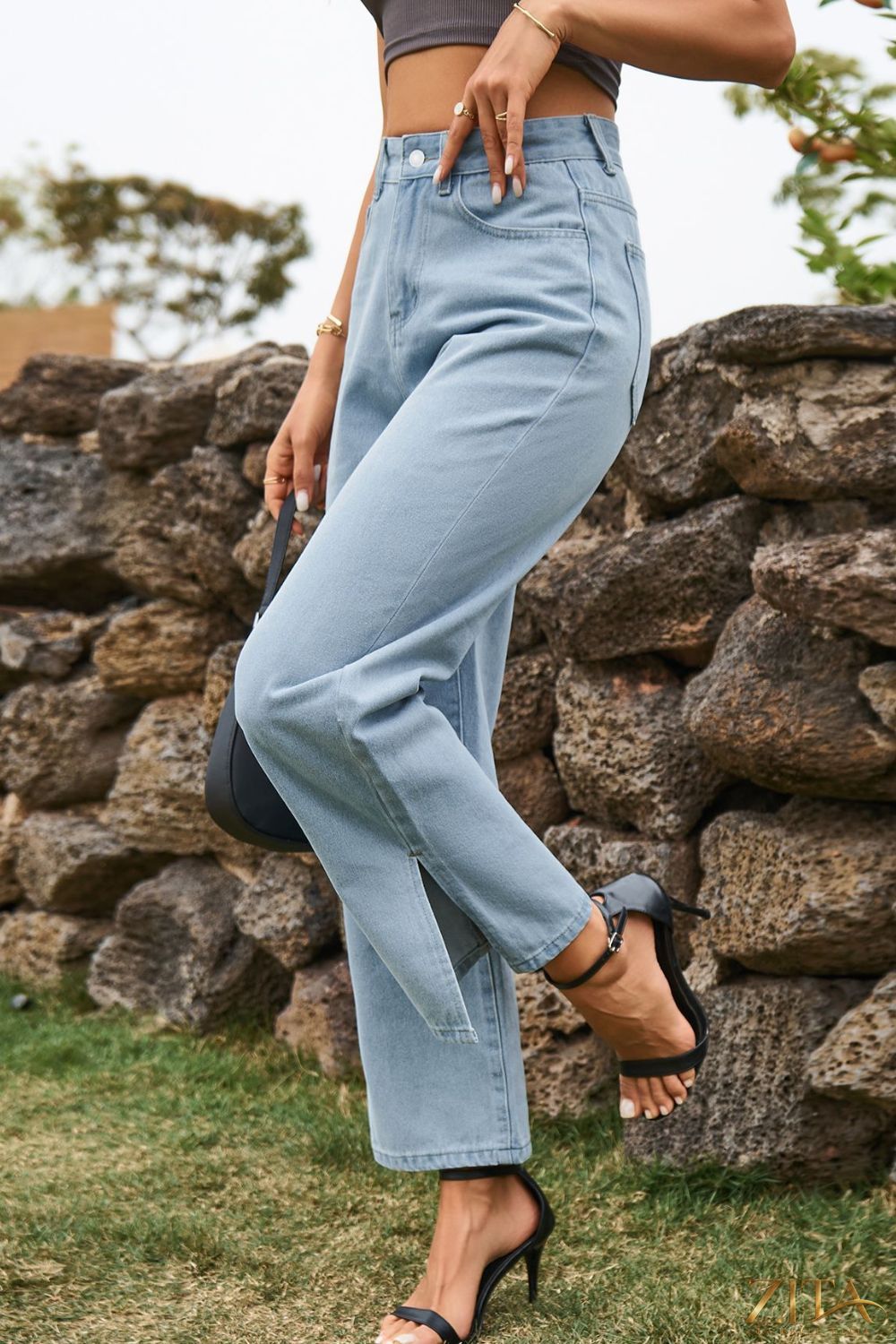Zita La Belle Elite high waist loose fit ankle slit jeans, showcasing relaxed denim with stylish slit detail at the ankle.