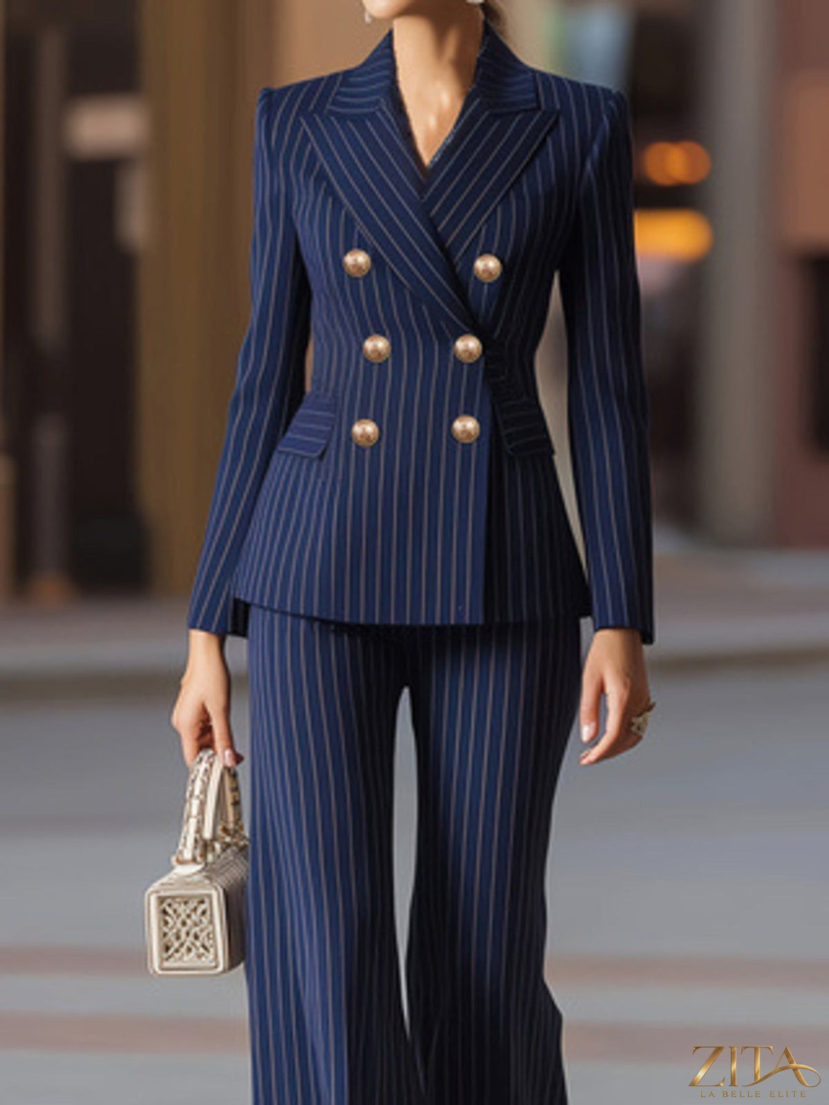 Zita La Belle Elite striped double-breasted blazer and wide-leg pants set, tailored fit, stylish formal outfit for women.