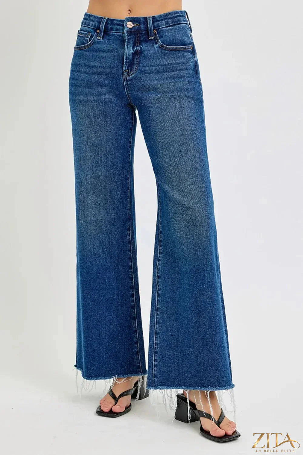 Zita La Belle Elite RISEN high-rise wide leg jeans with tummy control, dark wash, and classic denim style shown in the image.