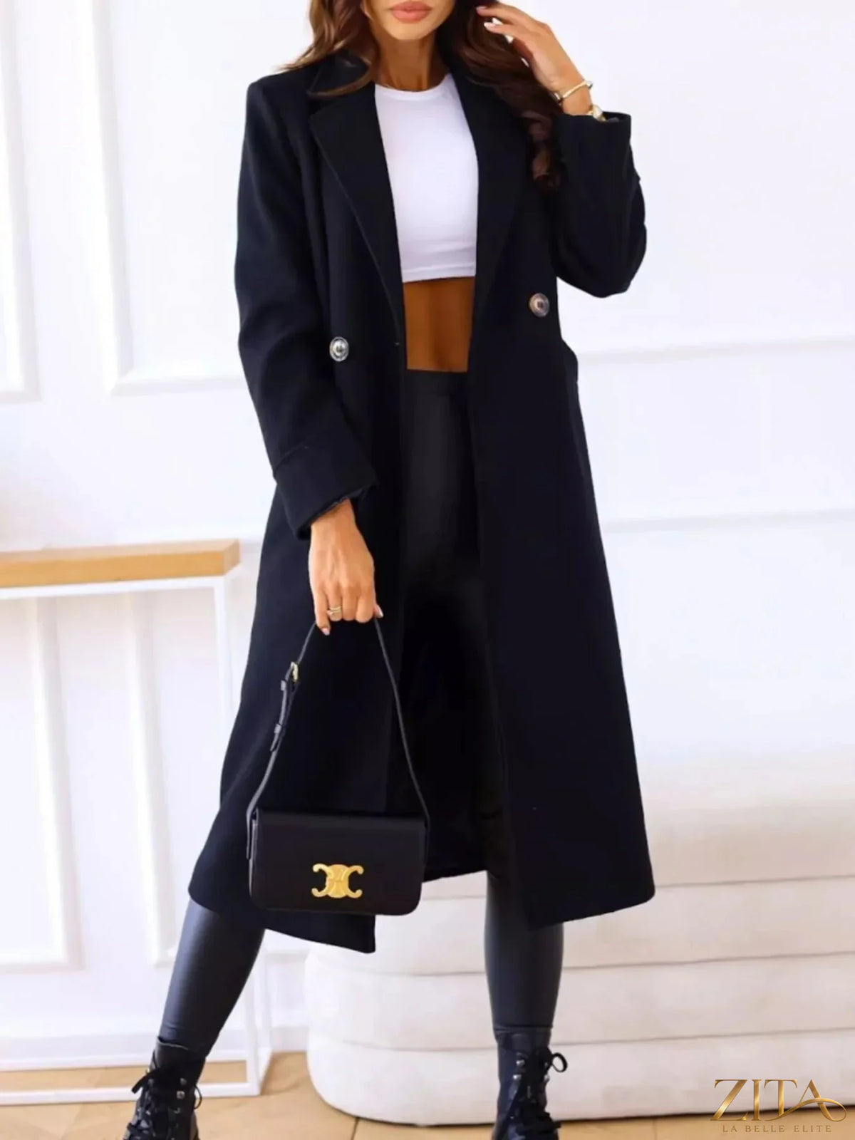 Zita La Belle Elite wool blend overcoat with lapel collar, featuring a tailored fit and classic design in neutral tones.