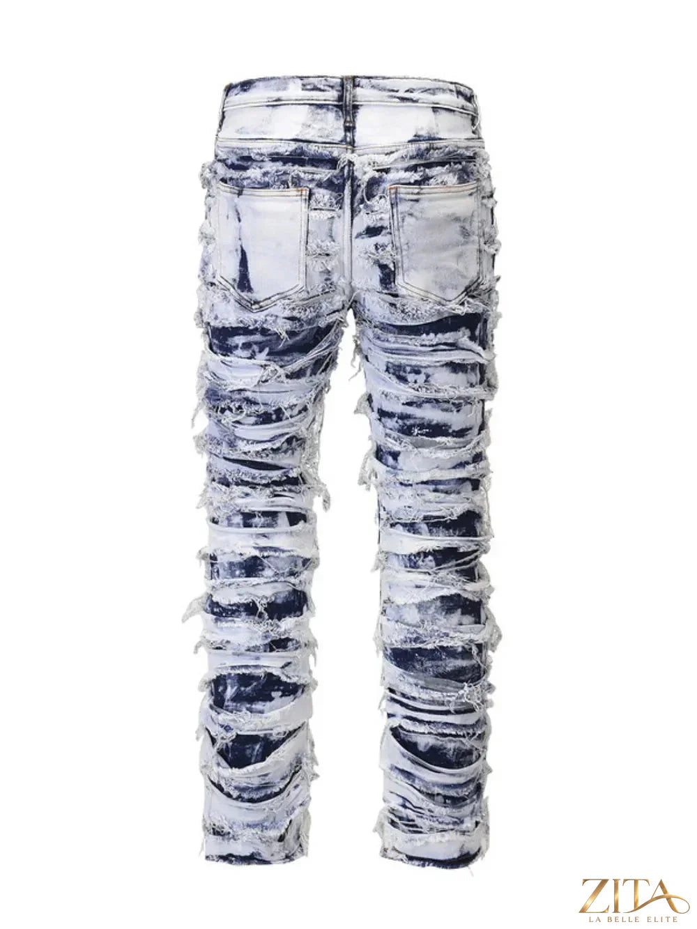 Men's distressed raw hem straight jeans by Trendsi, showing a casual fit with ripped details and a raw hem design.