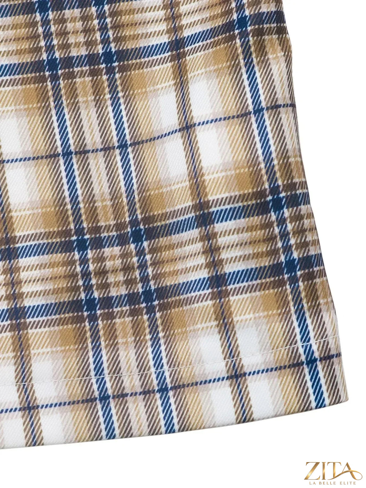 Zita La Belle Elite number 87 plaid long sleeve blazer with tailored fit and classic pattern, shown in a close-up view.