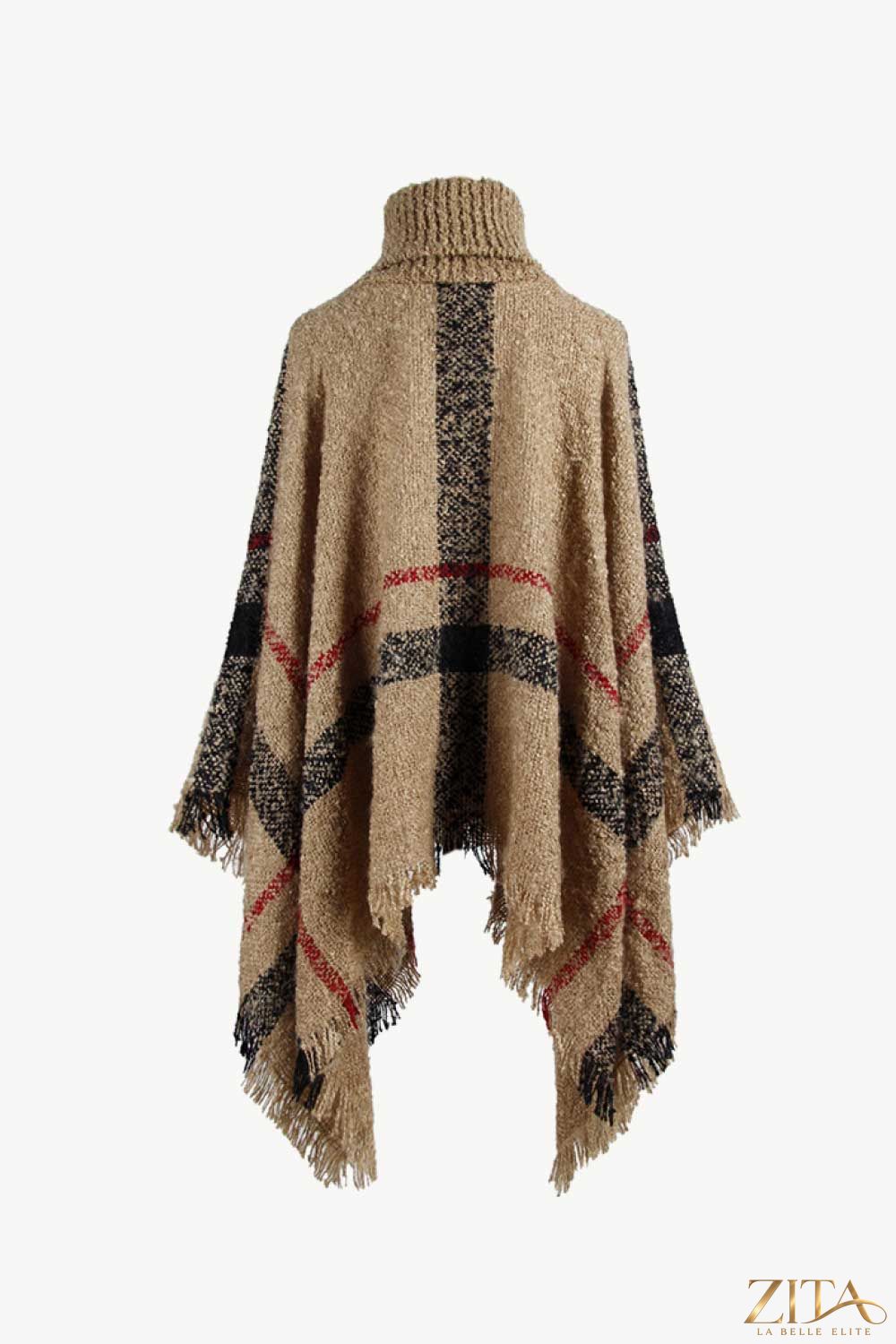 Plaid turtleneck raw hem poncho by Trendsi featuring a cozy, stylish plaid pattern and a comfortable turtleneck design.