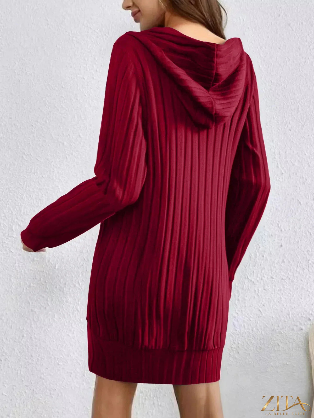 Zita La Belle Elite ribbed knit hoodie dress in soft fabric, featuring a hood, long sleeves, and a fitted silhouette.