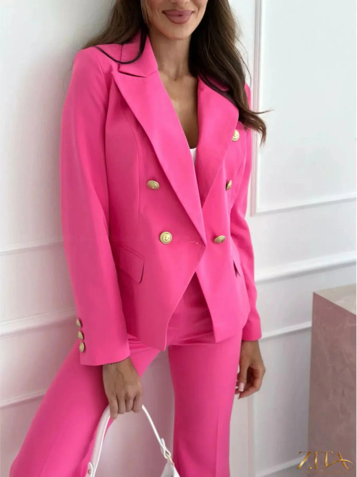 Zita La Belle Elite double-breasted long sleeve blazer in black, tailored with structured lapels and front buttons.