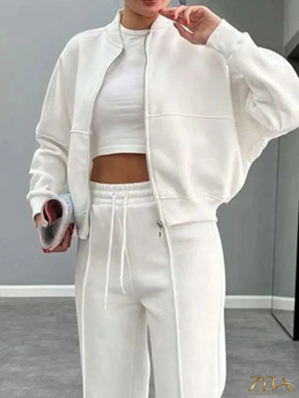 Zita La Belle Elite baseball collar zip-up outerwear and drawstring pants set, featuring a stylish coordinated casual outfit.