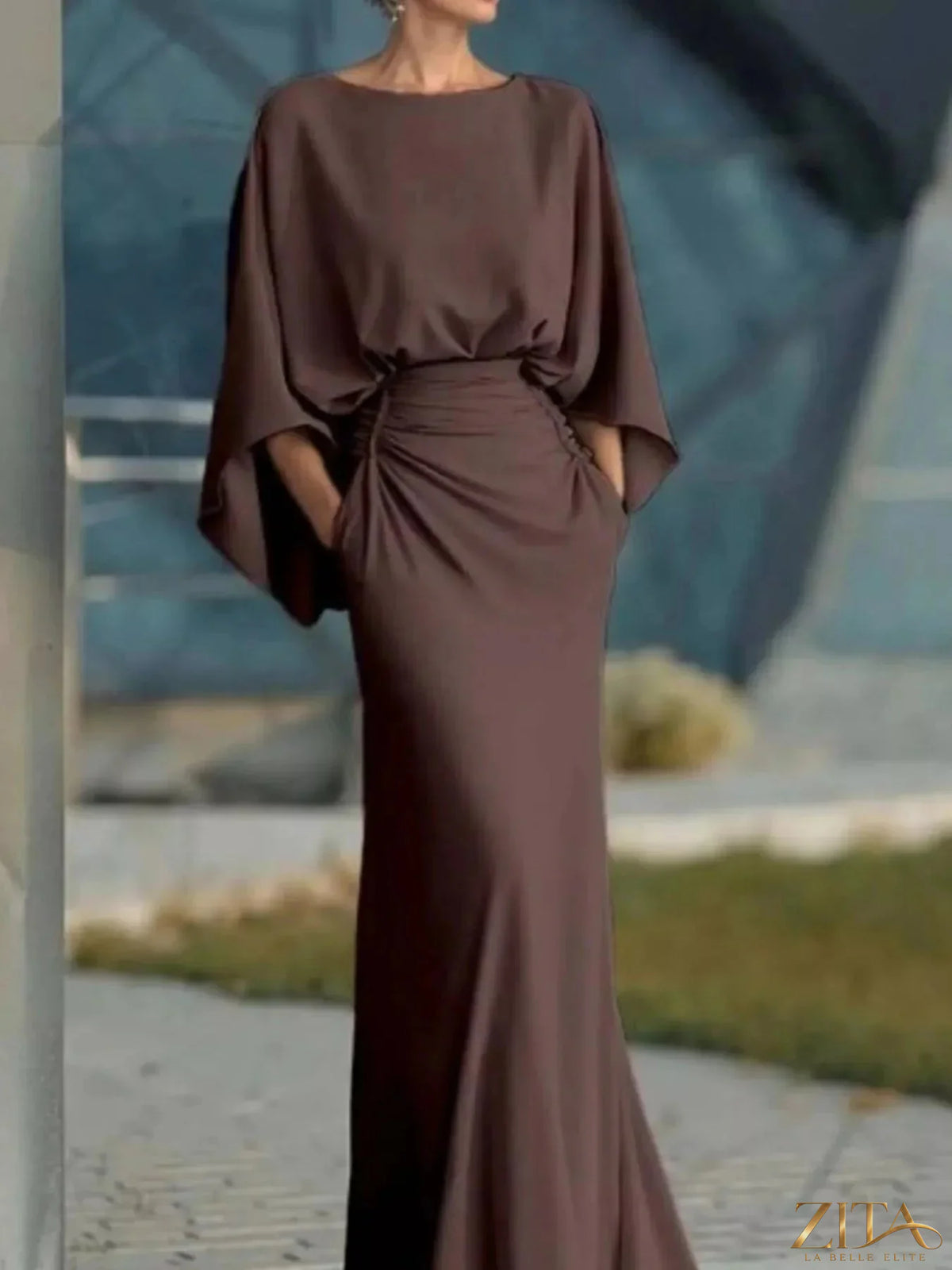 Zita La Belle Elite batwing sleeve ruched maxi dress with flowing fabric and elegant design, perfect for formal occasions.