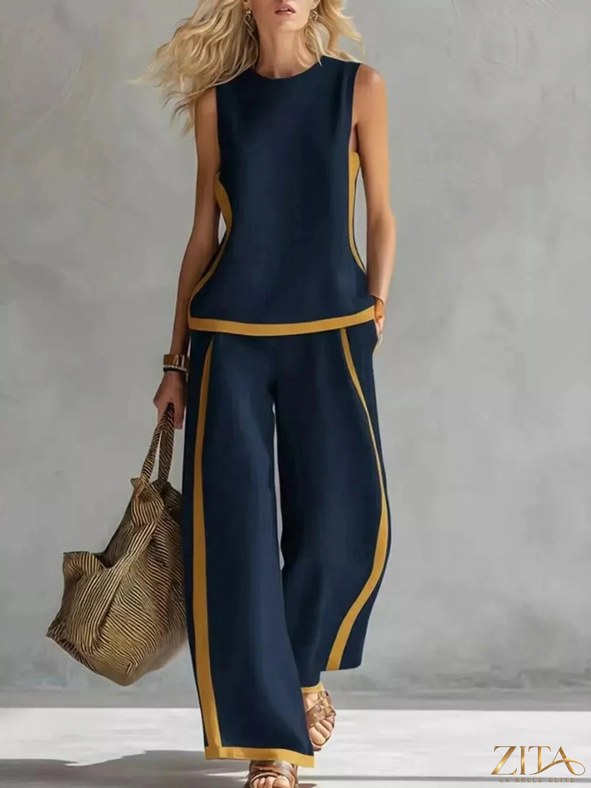 Plus size Zita La Belle Elite contrast stripe tank top and wide-leg pants set, featuring bold stripes and comfortable fit.