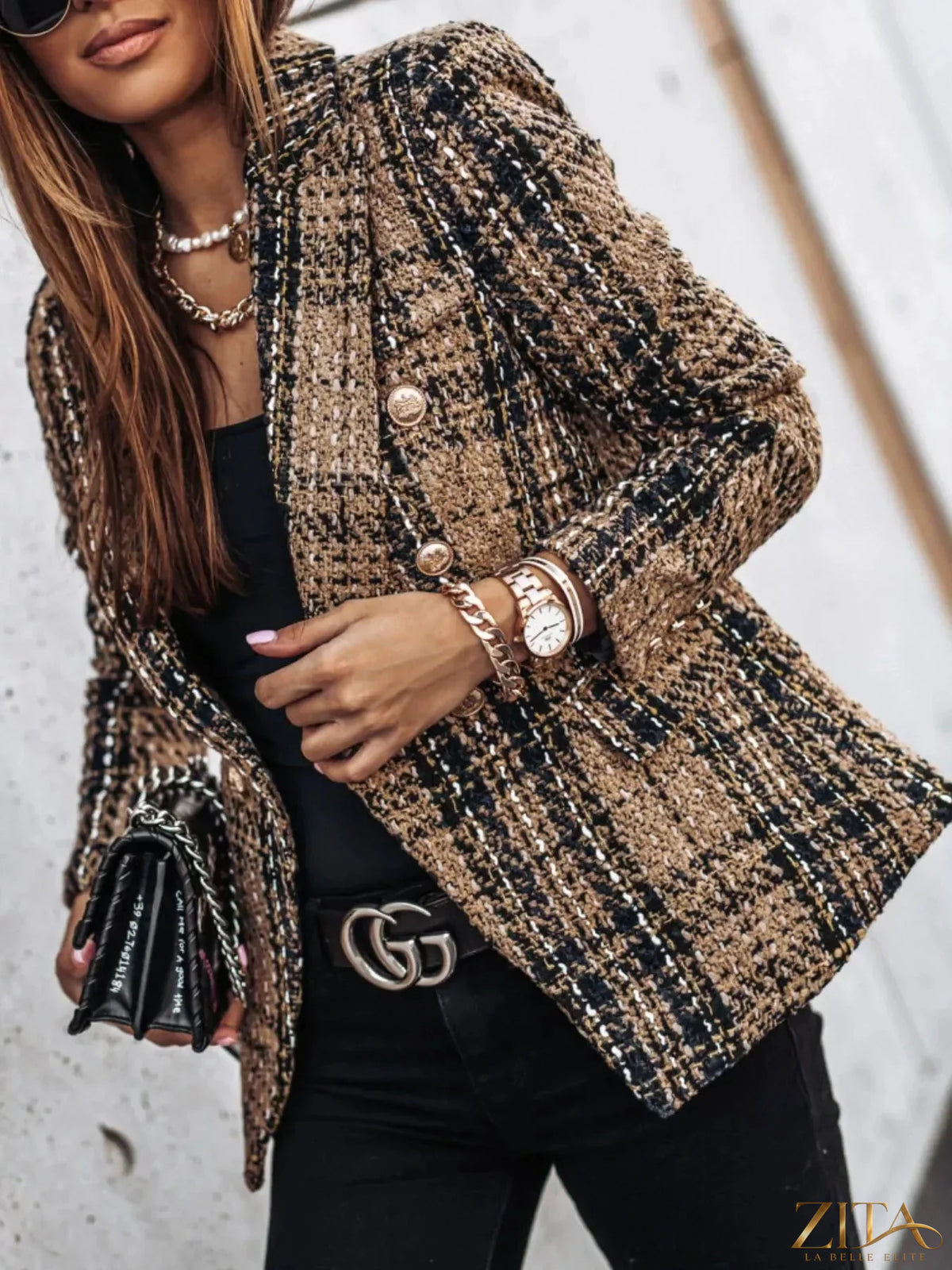 Plus size Zita La Belle Elite plaid tweed double-breasted blazer, full size fit with classic style and tailored details.