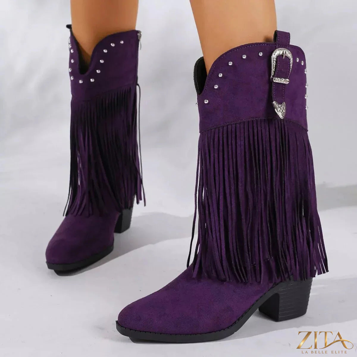 Zita La Belle Elite fringe round toe block heels boots with stylish design and ankle-length silhouette.
