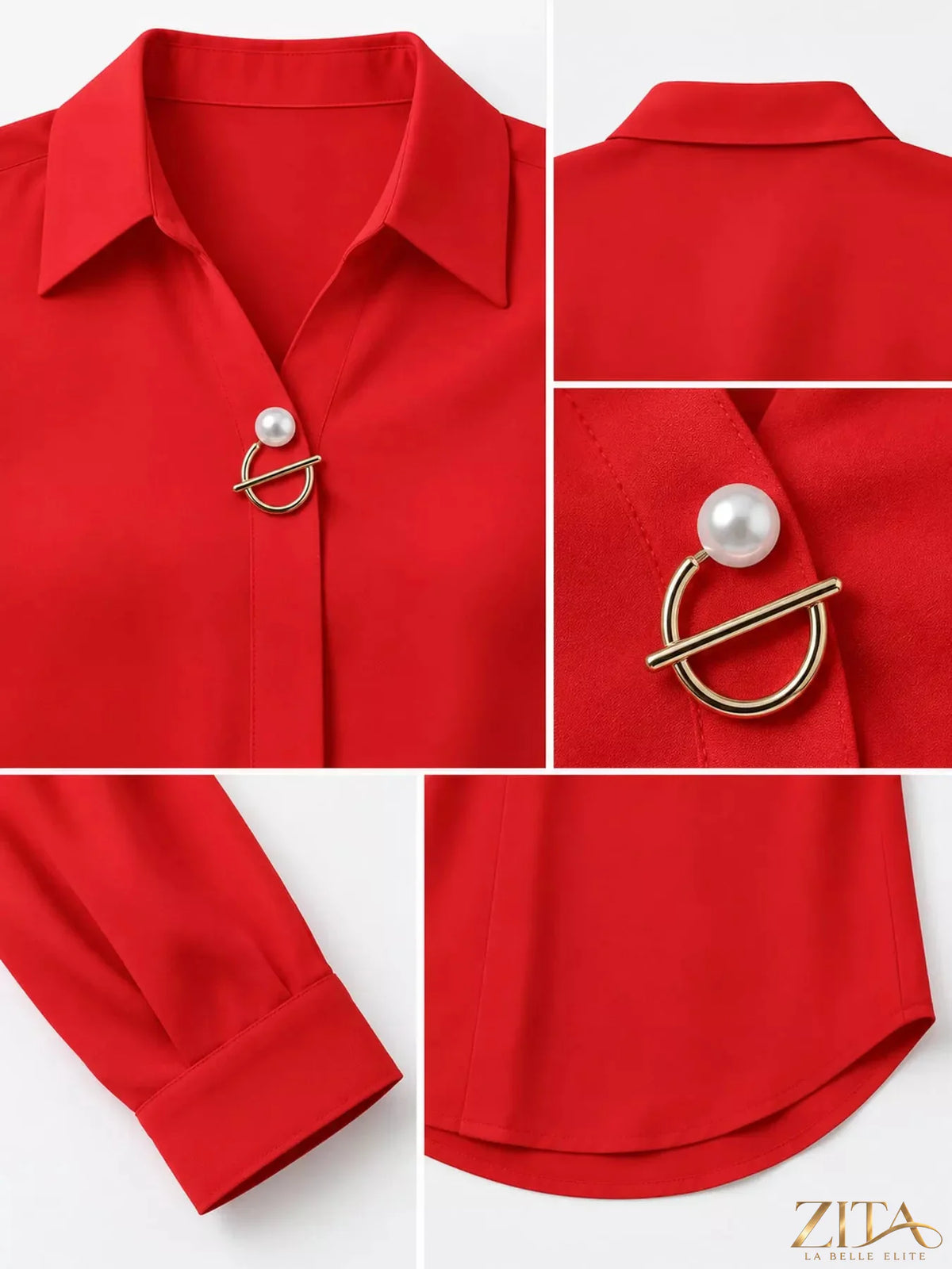Zita La Belle Elite long sleeve satin blouse in smooth, shiny fabric with a classic collar and button front, elegant and stylish.