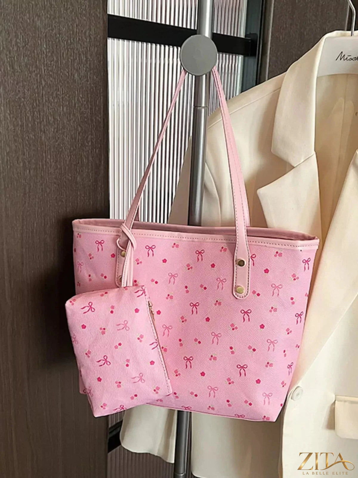 Printed Zita La Belle Elite tote shoulder bag with matching pouch, featuring a stylish design and spacious interior for everyday use.