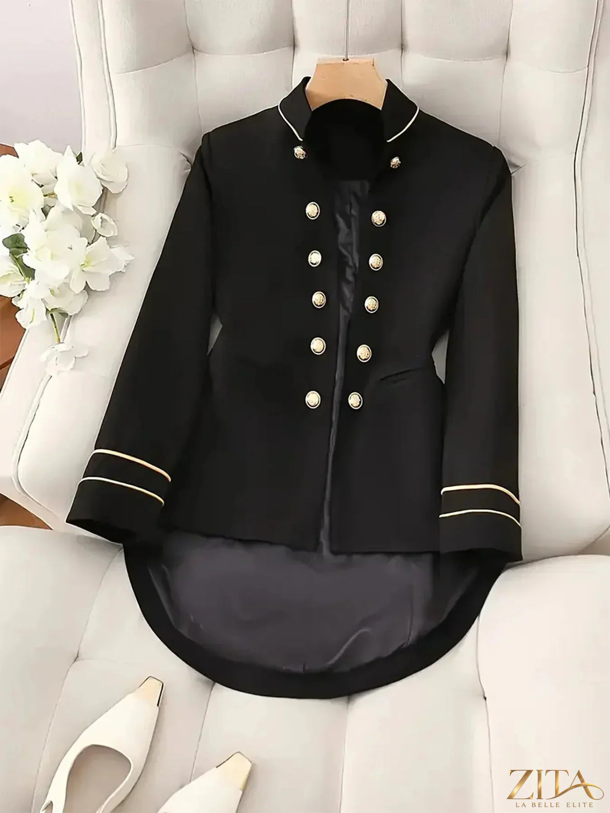 Zita La Belle Elite decorative button high-low blazer with cuff trim, showcasing stylish tailored design and contrasting fabric details.
