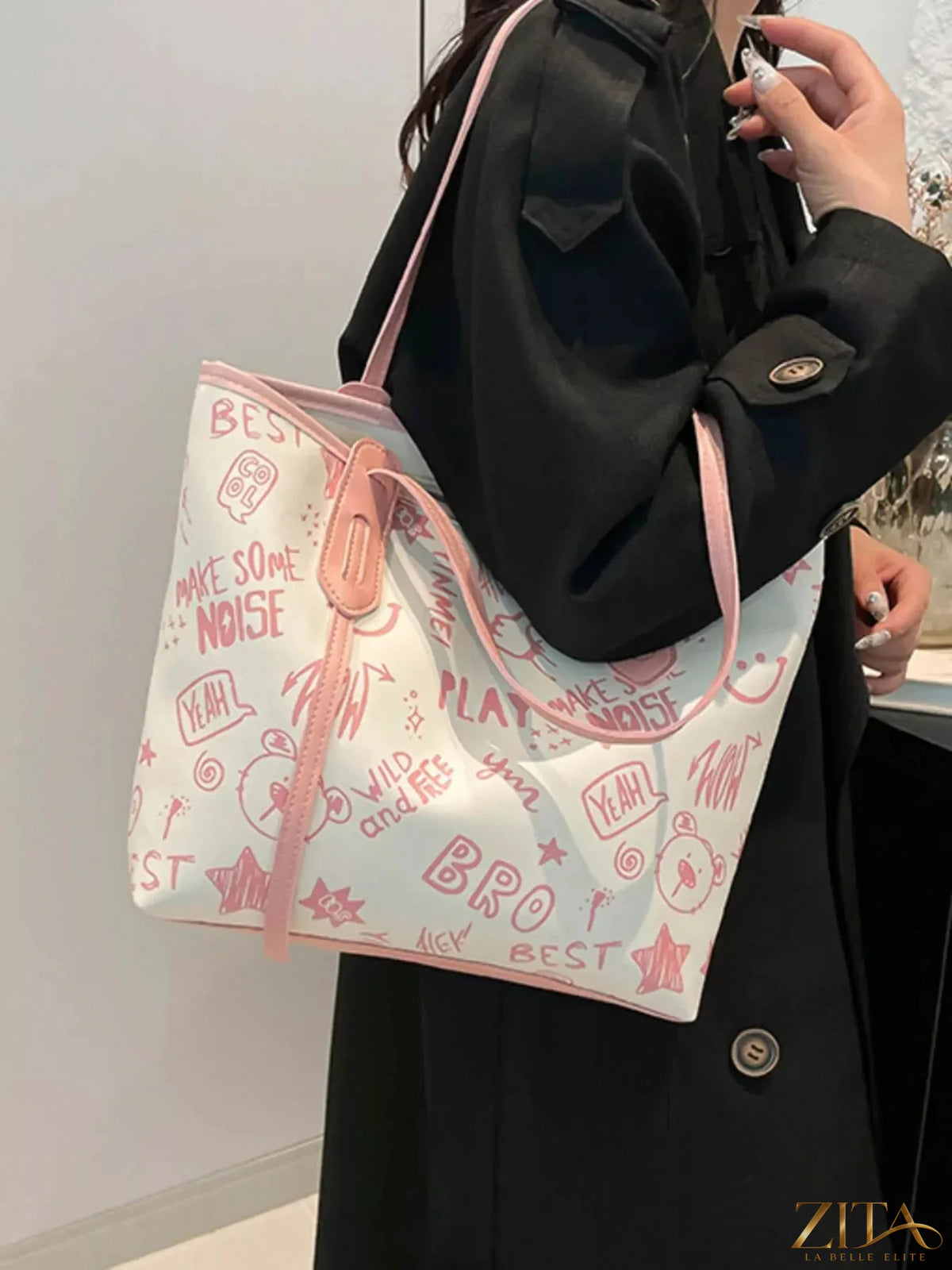 Zita La Belle Elite graffiti print casual tote bag with colorful urban graffiti design and sturdy fabric handles.