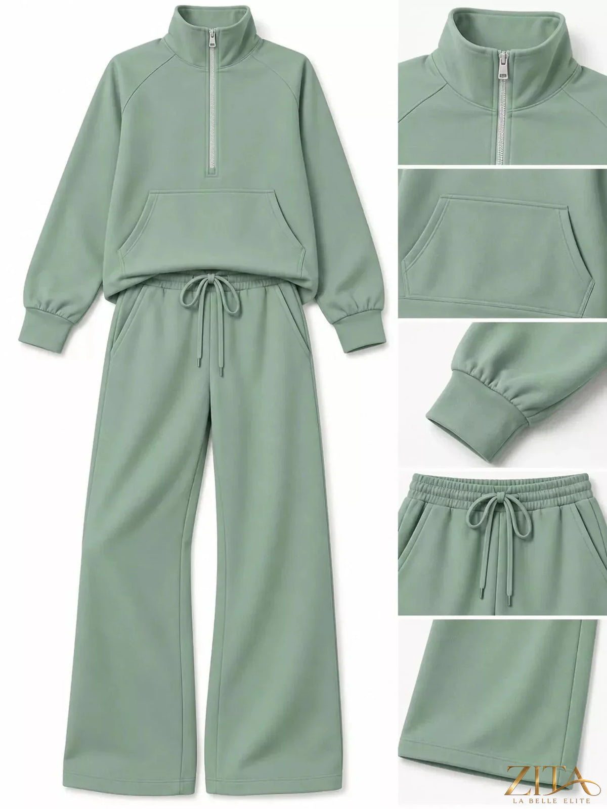 Zita La Belle Elite half-zip sweatshirt with matching wide-leg pants set, casual lounge wear, in soft fabric, front view.