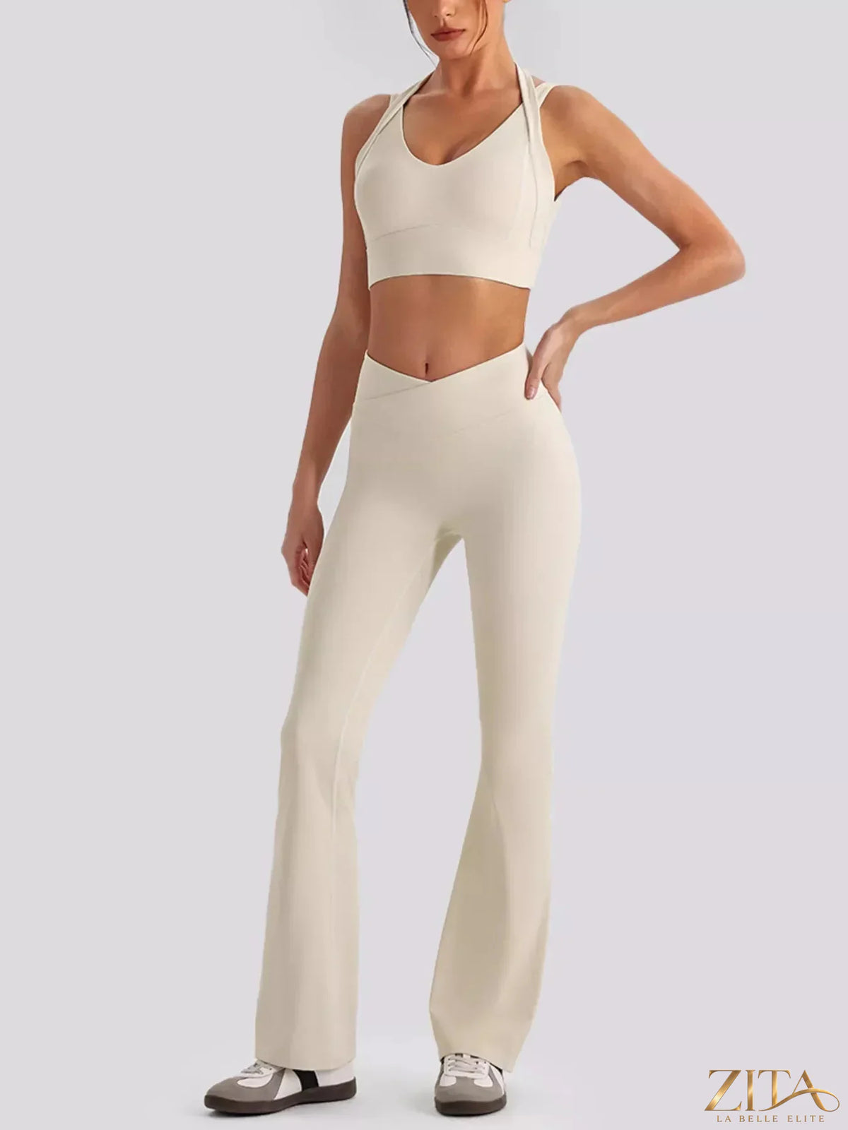 Zita La Belle Elite seamless criss-cross V-neck tank top and matching leggings active set, shown in black with stylish design.