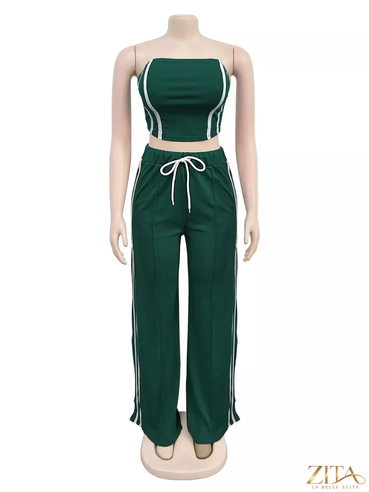 Zita La Belle Elite sleeveless tube top and wide-leg pants set in neutral fabric, shown on a model against a white background.