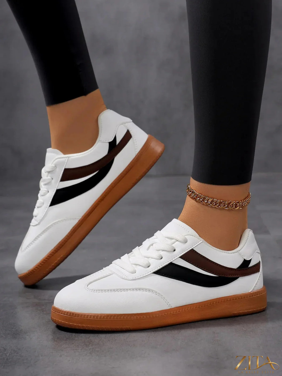 Zita La Belle Elite lace-up flat sneakers with stripe accent in white and black, casual footwear for everyday wear